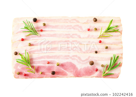 Slices smoked bacon and rosemary isolated on white background, top view. 102242416