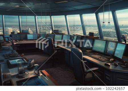 Illustration of the air traffic control room in the control tower: AI work 102242657