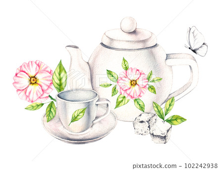 Watercolor composition of porcelain dishes, flowers, bouquets, butterflies Watercolor composition of porcelain dishes, flowers, bouquets, butterflies 102242938