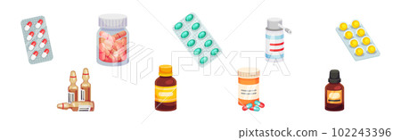 Different Drugs and Medicine with Tablet and Pills in Vial and Blister Pack Vector Set 102243396