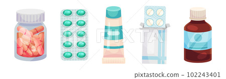 Different Drugs and Medicine with Tablet and Pills in Vial and Blister Pack Vector Set Different Drugs and Medicine with Tablet and Pills in Vial and Blister Pack Vector Set 102243401