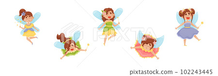 Cute Girl Fairy with Magic Wand Flying with Wings Vector Set. 102243445