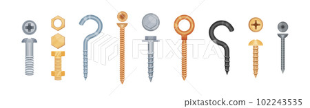 Metallic Screw and Bolt as Fastener with Helical Ridge Vector Set Metallic Screw and Bolt as Fastener with Helical Ridge Vector Set 102243535