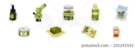 Cannabis Product with Bong, Oil, Shampoo, Soap and Salve Vector Set 102243542
