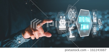 Digital twin business and industrial process modelling, Businessman hand touching digital twin icon on virtual screen, innovation and optimisation. 102243887