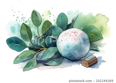 Watercolor Spa composition with bath bombs and eucalyptus. Generative AI 102244269