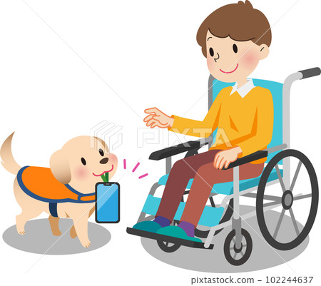 一隻服務犬將智能手機帶給坐在輪椅上的男人 一隻服務犬將智能手機帶給坐在輪椅上的男人 102244637