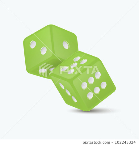 Vector 3d Realistic Green Game Dice with White Dots Set Closeup Isolated on White Background. Game Cubes Couple for Gambling in Different Positions, Casino Dices, Round Edges 102245324