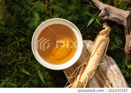 Natural scene for advertising product with a bowl filled tonic water and ginseng slices on stone podium, ginseng root and twig on forest background with green moss and leaves Natural scene for advertising product with a bowl filled tonic water and ginseng slices on stone podium, ginseng root and twig on forest background with green moss and leaves 102245387