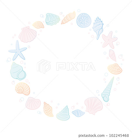貝類和海星手繪線描矢量圓框/文本空間可用 102245468