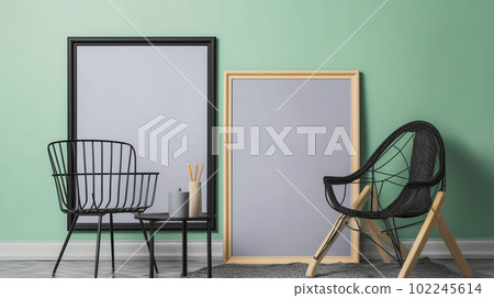 Modern interior of room with forms of poster on wall. Fashionable living room. Generative AI Modern interior of room with forms of poster on wall. Fashionable living room. Generative AI 102245614