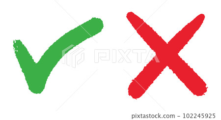 Hand drawn of Green check mark and Red cross isolated. Right and wrong icon. Vector illustration. 102245925