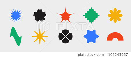 Primitive geometric shapes collection. Abstract stars, flowers, wave, arc forms in Swiss or bauhaus style. Brutalist elements set for poster, banner, collage. Vector signs. Primitive geometric shapes collection. Abstract stars, flowers, wave, arc forms in Swiss or bauhaus style. Brutalist elements set for poster, banner, collage. Vector signs. 102245967