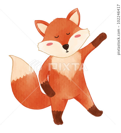 Fox is standing and raising hand . Watercolor paint design . Cute animal cartoon character . Vector . Fox is standing and raising hand . Watercolor paint design . Cute animal cartoon character . Vector . 102246417