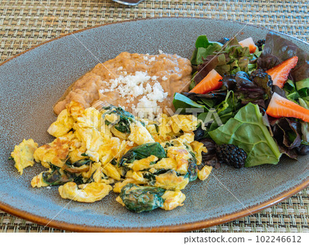 Close up shot of salad and fried egg Close up shot of salad and fried egg 102246612