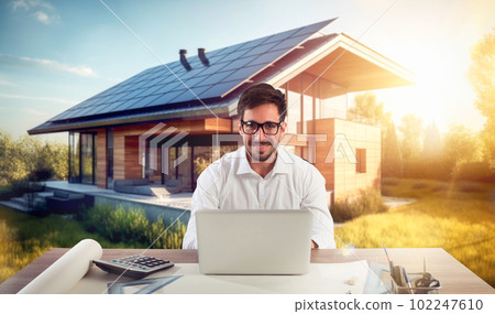 Architect at work with a building of a new house. Generative AI 102247610