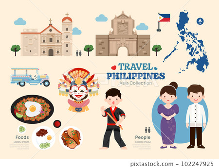 Travel Philippine flat icons set. Filipino element icon map and landmarks symbols and objects collection. Vector Illustration 102247925