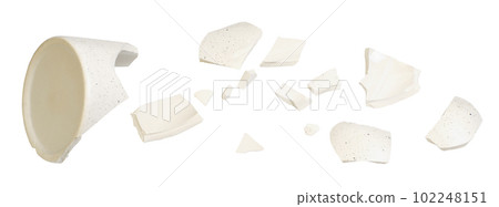 Set of ceramic fragments of broken vase isolated 102248151