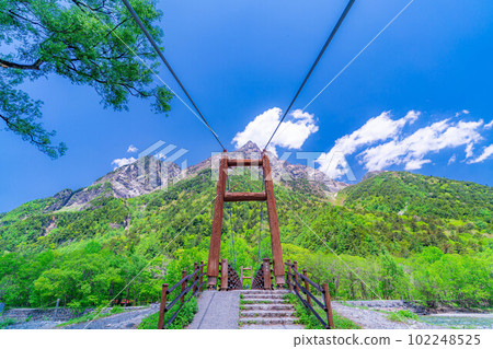 [Scenic view] Mt. Myojin and Myojin Bridge in Kamikochi in early summer [Nagano Prefecture] 102248525