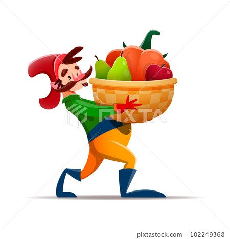 Cartoon gnome dwarf character with harvest basket, vector farmer man. Fairy tale village dwarf or fantasy forest gnome farmer character carry basket of harvest fruits and vegetables, kids cartoon toy 102249368