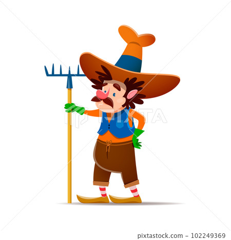 Cartoon gnome or dwarf farmer character with rake. Fairytale midget, garden dwarf or fantasy gnome comical vector personage. Elf farmer cute character wearing hat, holding farming and gardening tool Cartoon gnome or dwarf farmer character with rake. Fairytale midget, garden dwarf or fantasy gnome comical vector personage. Elf farmer cute character wearing hat, holding farming and gardening tool 102249369