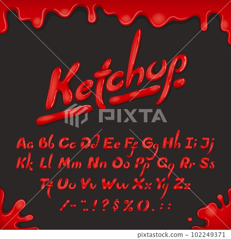 Ketchup font type or typeface cooking alphabet of tomato sauce letters, vector typography. Ketchup font or tomato sauce liquid type, food text script of red paint splash with ABC alphabet letters 102249371