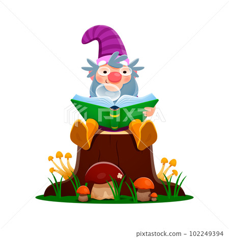 Cartoon gnome dwarf character sitting on stump and reading book, vector funny elf. Fairy tale garden gnome or fantasy forest dwarf on tree stump with glasses reading book in cap, kids toy figure Cartoon gnome dwarf character sitting on stump and reading book, vector funny elf. Fairy tale garden gnome or fantasy forest dwarf on tree stump with glasses reading book in cap, kids toy figure 102249394