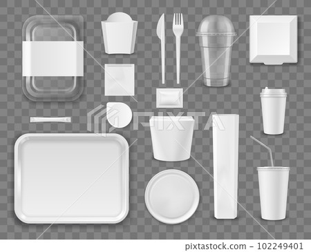 Fast food and drink package vector template mockups, box container, bag and cup. Fast food takeaway cardboard, package realistic mockups of disposable and paper containers for fast food and drinks 102249401