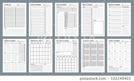 Planner page templates. Business week organizer checklist, office work printable vector agenda, school or college education daily goal planners templates. Task organization, calendar blank sheets set 102249403