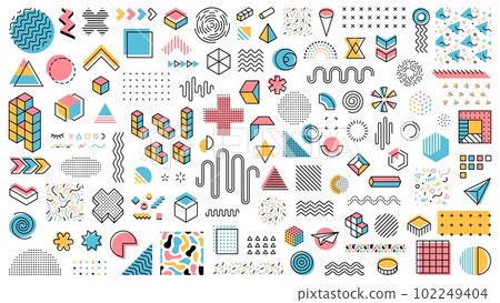 Memphis geometric shapes, abstract modern minimal line elements and vector symbols. Memphis pattern geometric shapes of circle, triangle and color dots, vintage retro art forms and figures for pattern 102249404