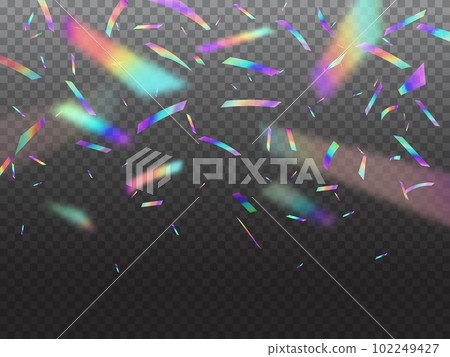 Holographic falling confetti glitters with bokeh light. Vector glittering shower with rainbow iridescent effect. Festive hologram foil cascades down from above isolated on transparent background Holographic falling confetti glitters with bokeh light. Vector glittering shower with rainbow iridescent effect. Festive hologram foil cascades down from above isolated on transparent background 102249427