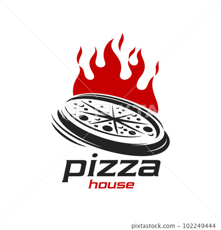 Pizza icon, isolated vector emblem with fresh hot pizza circle separated on slices and burning fire. Label or badge in red and black colors for pizzeria, cafe, restaurant or food delivery service Pizza icon, isolated vector emblem with fresh hot pizza circle separated on slices and burning fire. Label or badge in red and black colors for pizzeria, cafe, restaurant or food delivery service 102249444