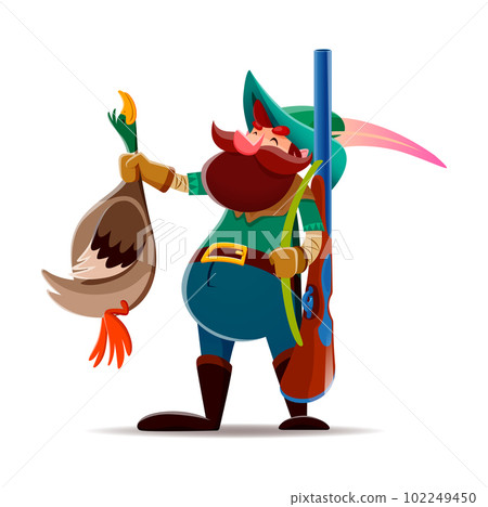 Cartoon gnome or dwarf hunter character. Garden elf, fantasy gnome or fairy dwarf happy isolated vector character. Fairytale midget hunter cheerful personage with rifle, holding hunted duck trophy Cartoon gnome or dwarf hunter character. Garden elf, fantasy gnome or fairy dwarf happy isolated vector character. Fairytale midget hunter cheerful personage with rifle, holding hunted duck trophy 102249450