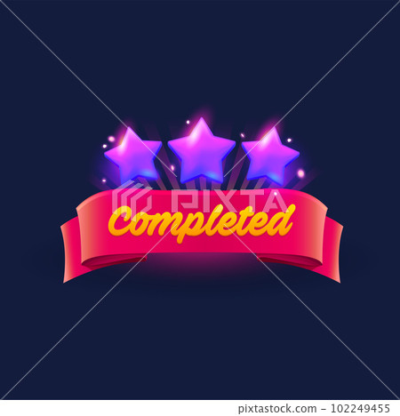 Game level completed badge or icon, ui popup user interface element with purple stars and red banner. Vector gui mobile or web app reward for sucessful chellenge completion 102249455