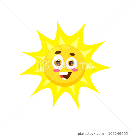 Cartoon sun character, vector cheerful sunny personage with smiling face and yellow rays emanating from head. Cute and friendly solar for summer weather forecast app, sunscreen cream or children book Cartoon sun character, vector cheerful sunny personage with smiling face and yellow rays emanating from head. Cute and friendly solar for summer weather forecast app, sunscreen cream or children book 102249465