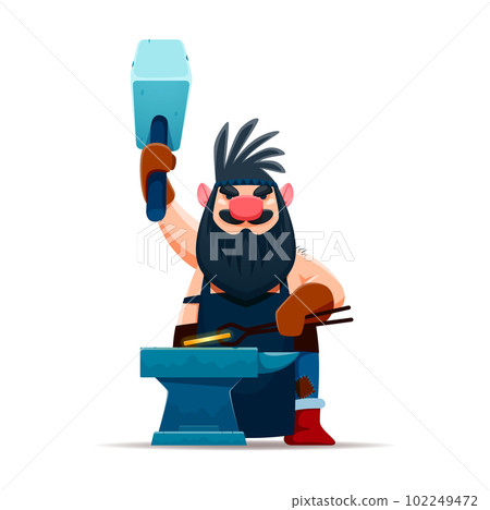 Cartoon gnome dwarf blacksmith character with hammer at forge, vector fairy tale man. Dwarf or gnome elf blacksmith worker forging metal, kids fairytale cartoon character of fantasy creature 102249472