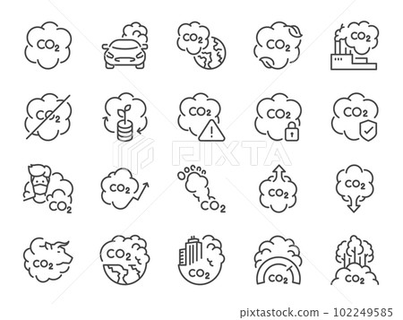 Carbon dioxide icon set. It included pollution, emission, smoke, air quality, pm 2.5 and more icons. 102249585