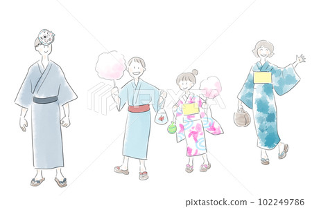 穿著手繪風格浴衣的家庭 穿著手繪風格浴衣的家庭 102249786