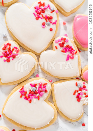 Decorating heart-shaped sugar cookies with pink and white royal icing for Valentine's Day. Decorating heart-shaped sugar cookies with pink and white royal icing for Valentine's Day. 102250146