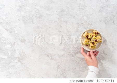 Flat lay. Homemade cranberry pistachio fudge square pieces on a white plate. 102250214