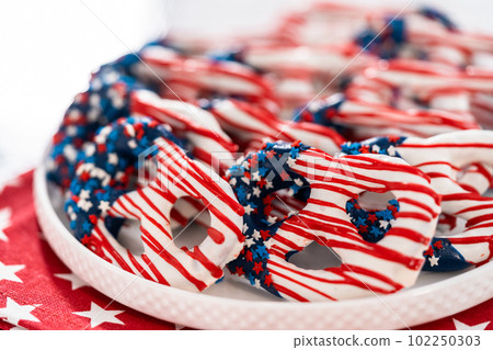 American flag. Red, white, and blue chocolate-covered pretzel twists. American flag. Red, white, and blue chocolate-covered pretzel twists. 102250303