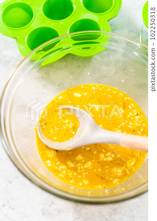 Filling silicone molds with egg mixture to make egg bites in a pressure cooker. Filling silicone molds with egg mixture to make egg bites in a pressure cooker. 102250318