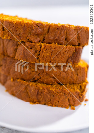 Stack of homemade pumpkin bread slices on a white plate. Stack of homemade pumpkin bread slices on a white plate. 102250561