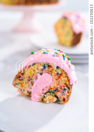 Close up view. Sliced funfettti bundt cake with pink buttercream frosting on top and buttercream filling inside. Close up view. Sliced funfettti bundt cake with pink buttercream frosting on top and buttercream filling inside. 102250613