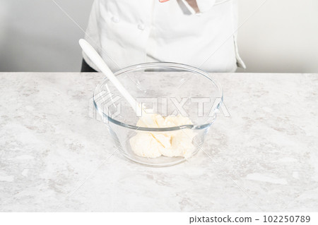 Preparing vanilla buttercream frosting for decorating funfettti bundt cake. 102250789