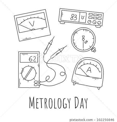 Metrology Day. Vector illustration. Measuring tools in doodle style. Metrological instruments in a linear style. 102250846