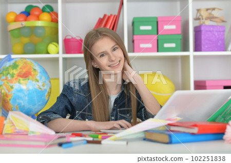 cute girl with laptop at home at desk 102251838