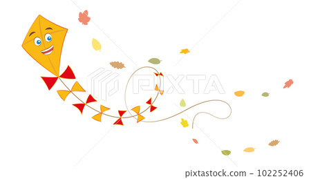 Paper kite, traditional childrens toy with friendly laughing comic face, waving and dancing happily in the wind, surrounded by colorful autumn leaves. Isolated vector illustration on white background. Paper kite, traditional childrens toy with friendly laughing comic face, waving and dancing happily in the wind, surrounded by colorful autumn leaves. Isolated vector illustration on white background. 102252406