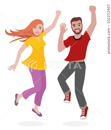 Happy, young, slim, sporty love couple in a fashionable outfit. Jumping bearded man and redhead woman, smiling and raising their arms. Isolated comic vector illustration on white background. Happy, young, slim, sporty love couple in a fashionable outfit. Jumping bearded man and redhead woman, smiling and raising their arms. Isolated comic vector illustration on white background. 102252407
