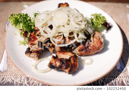 Ukrainian traditional meat, shashlik with sliced onion and sprinkled with vinegar Ukrainian traditional meat, shashlik with sliced onion and sprinkled with vinegar 102252408
